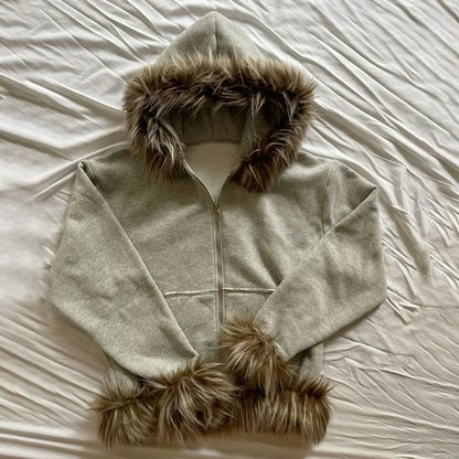 Casual Y2K Zip-Up Hoodie – Faux Fur Collar Harajuku Streetwear Rock Goth Punk EMO Sweatshirt Jacket