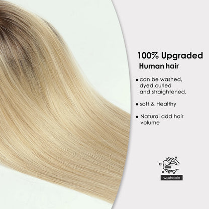 Ombre Brown Blonde Remy Human Hair Topper – 14 Inch Silk Base Clip-In Wig with Bangs for Women