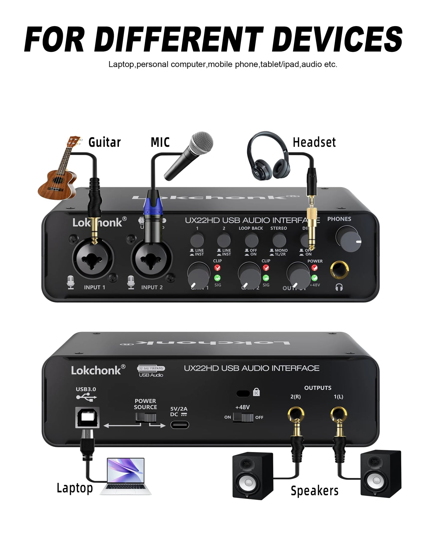 UX22 Audio Interface Sound Card – 32-bit/192KHz AD Converter for Electric Guitar, Live Recording, Studio Singing & Podcast