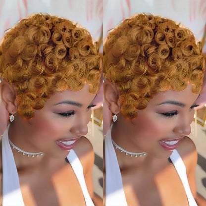 Brazilian Remy Human Hair Wig - Short Curly Pixie Cut Full Machine-Made Wig for Women