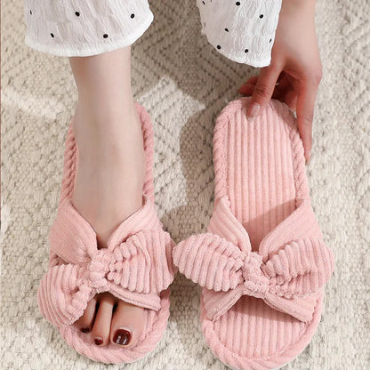 Women’s Corduroy Bow Slippers – Soft Casual Home Shoes, Silent Light EVA Anti-Slip Herringbone Slippers for Autumn & Winter