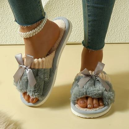 Autumn Winter Plush Bow Slippers – Cute Warm Fluffy Indoor Slides for Women & Men