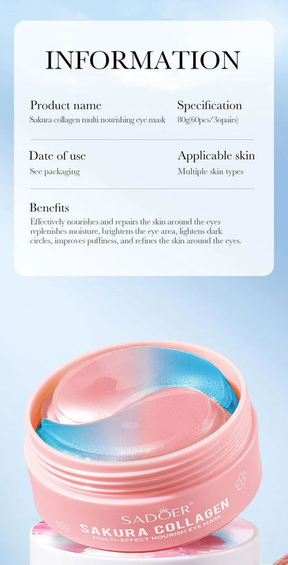SADOER 60pcs Sakura Collagen Eye Masks — Anti-Dark Circle, Eye Bag Removal, Moisturizing & Firming Eye Patches