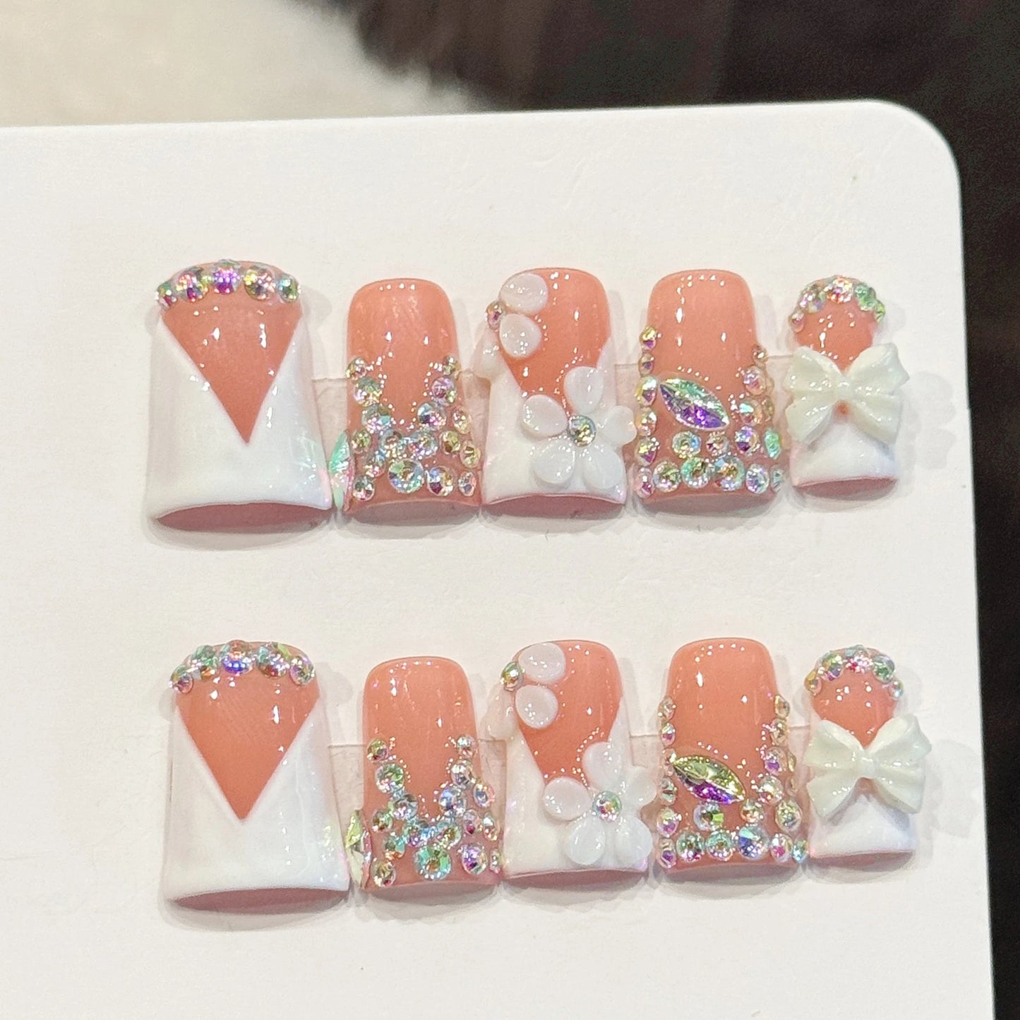 10-Piece 3D Flower Press-On Nails - Elegant French Duckbill Artificial Detachable False Nails