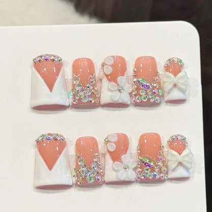 10-Piece 3D Flower Press-On Nails - Elegant French Duckbill Artificial Detachable False Nails