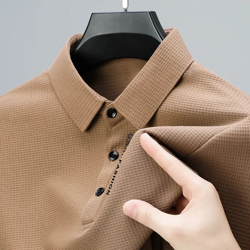 Men's Waffle Long Sleeve Polo Shirt - Letter Print Casual Lapel Top
