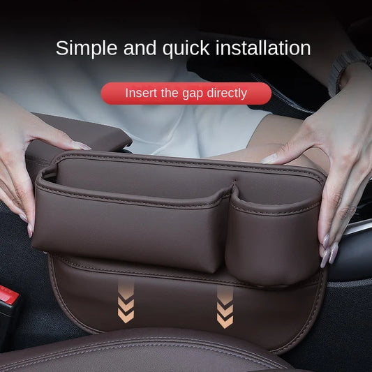 Leather Car Seat Gap Organizer – Multifunctional Crevice Filler with Cup Holder & Side Storage Pocket for Car Interior