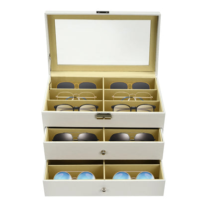 18-Slot Sunglasses Organizer & Display Case – White Glasses Storage Box with Drawer
