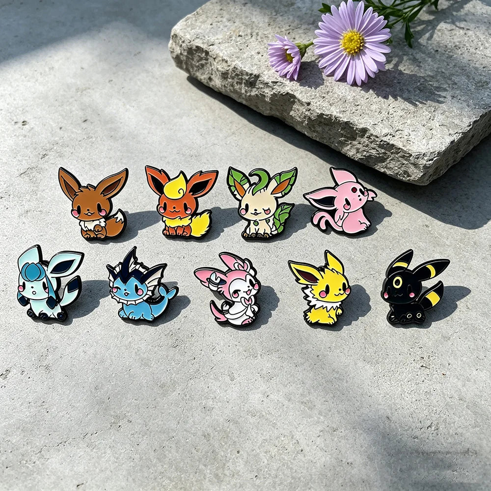 9PCS Anime Eevee Enamel Brooch Set - Cute Metal Lapel Pins for Clothing, Backpacks & Fan Gifts