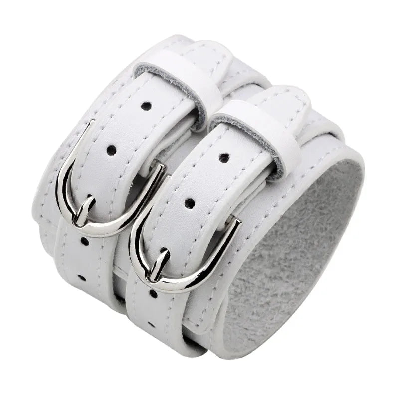 Men’s Genuine Leather Bracelet - Wide Adjustable Vintage Punk Friendship Jewelry with Buckle Closure