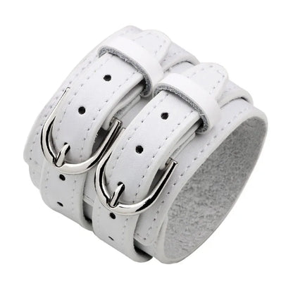 Men’s Genuine Leather Bracelet - Wide Adjustable Vintage Punk Friendship Jewelry with Buckle Closure