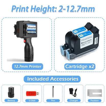 12.7/25.4mm Handheld Inkjet Printer – QR Code, Barcode, Batch, Date, Logo & Expiry Date Coding Machine with 25 Language Support, Portable Marking Tool