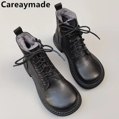 Careaymade 100% Genuine Leather Wide Casual Women’s Short Boots – Big Size, Handmade Men’s Wool Boots