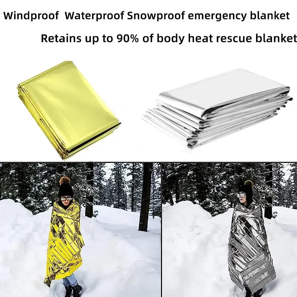 Emergency Thermal Poncho Blanket - Lightweight, Water-Resistant, Windproof, and Reusable - Ideal for First Aid, Camping, and Sunshade