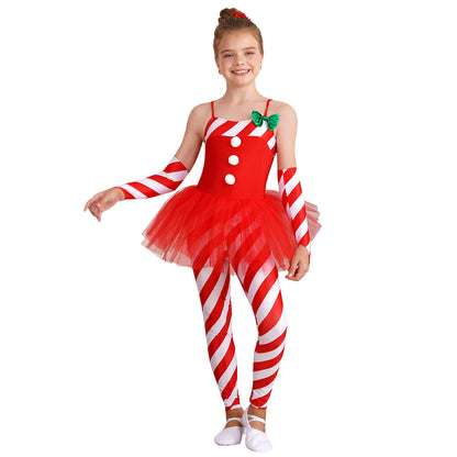 Kids Candy Cane Striped Christmas Tutu Leotard — Sequined Santa Bodysuit for Ballet & Gymnastics