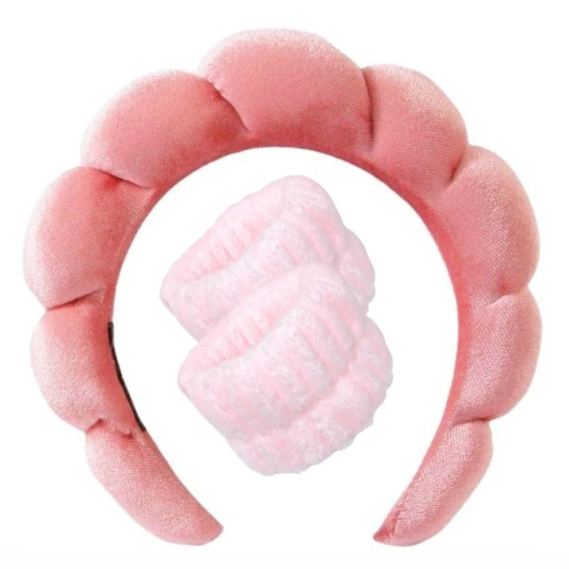 Sponge Spa Headband with Wristbands – Wide Padded Face Washing, Skin Care, Makeup Removal & Shower Headband for Women & Girls