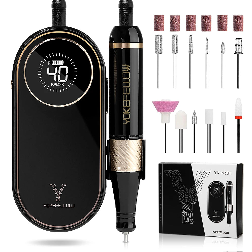 YOKEFELLOW Professional Nail Drill – 40000RPM Rechargeable Electric Nail E-File, Cordless for Acrylic & Gel Nails