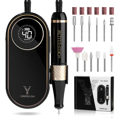 YOKEFELLOW Professional Nail Drill – 40000RPM Rechargeable Electric Nail E-File, Cordless for Acrylic & Gel Nails