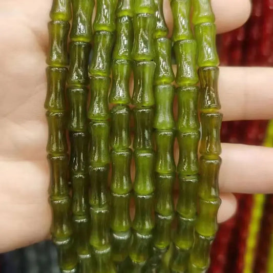 30PCS Green Glass Bamboo Beads - Jade Tube Shape Loose Beads for DIY Bracelet, Necklace & Jewelry Making Accessories