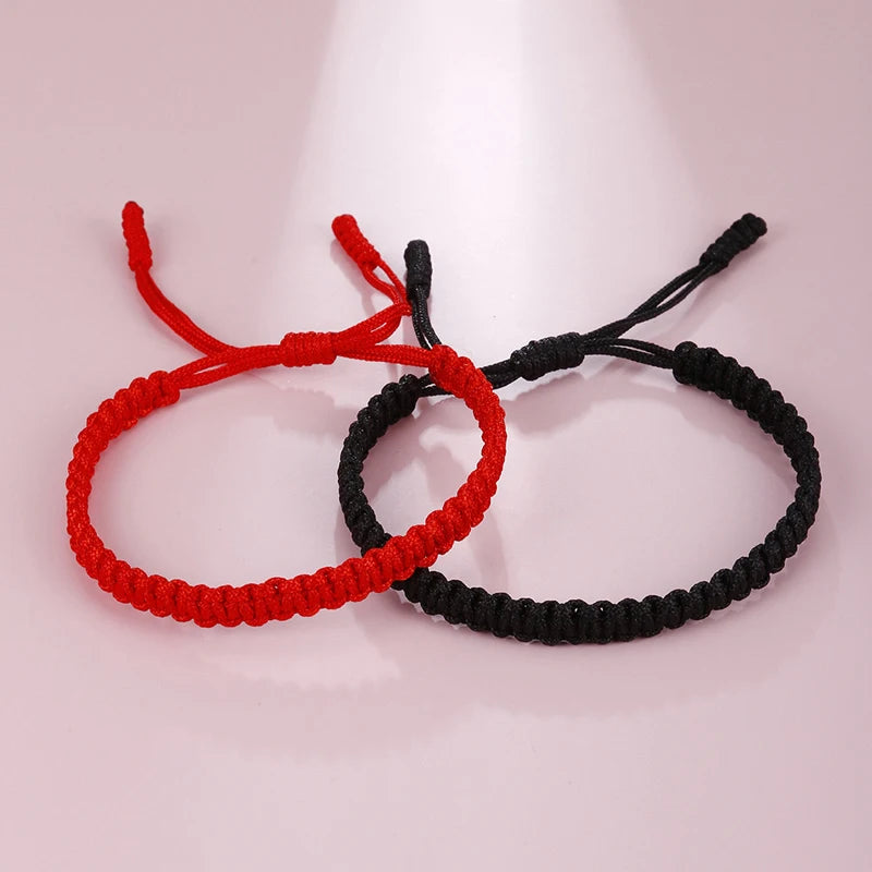 Handmade Tibetan Rope Bracelet - Red & Black Woven Buddhist Good Luck Amulet Jewelry Gift for Women & Girls