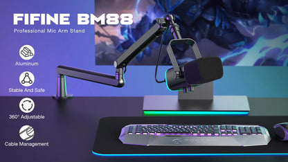 FIFINE Adjustable Low-Profile Desk Microphone Arm Stand – Suspension Boom with Cable Management for K688, Ampligame & AM8-BM88