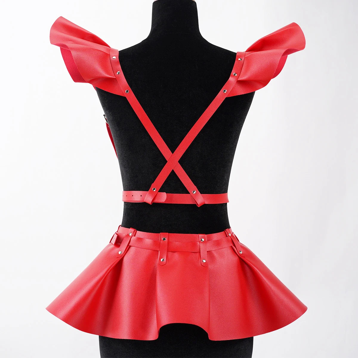 Women’s Gothic Leather Harness Skirt Belt with Ruffle Hem, Fashion Waist & Shoulder Body Harness Clothing Accessory