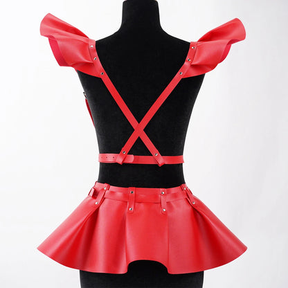 Women’s Gothic Leather Harness Skirt Belt with Ruffle Hem, Fashion Waist & Shoulder Body Harness Clothing Accessory