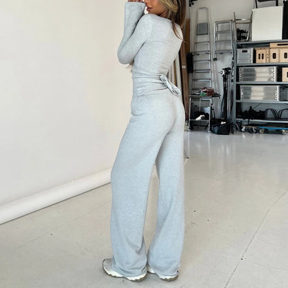 Women’s Vintage Lounge Set – 2-Piece V-Neck Tie T-Shirt & Elastic Waist Pants, Autumn Long Sleeve Crop Top Outfit