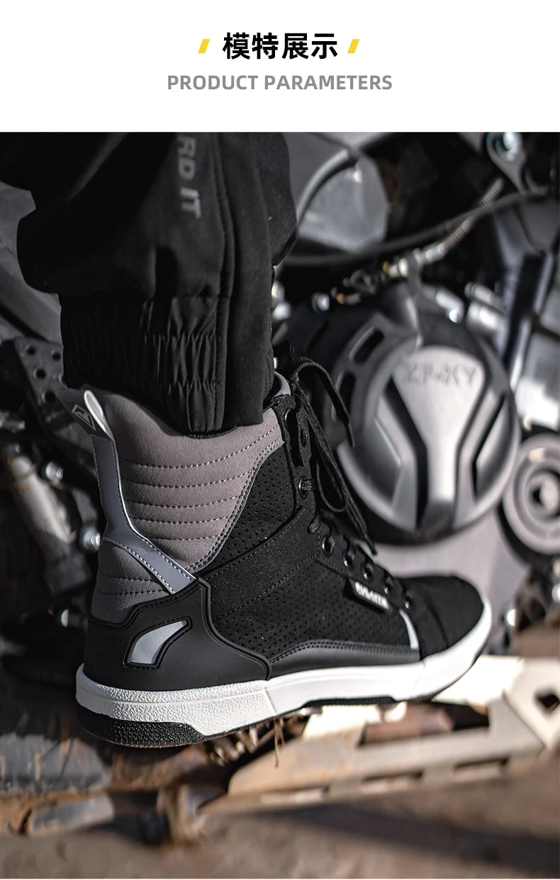 Men’s Motorcycle Boots - Breathable Anti-Fall, Road Racing Rider Shoes with Gear Shift Rubber Sole, Reflective Motorbike Boots