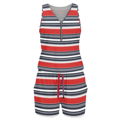 Women’s Summer Stripe Color-Block One-Piece Shorts – Sleeveless V-Neck Zipper Romper Jumpsuit