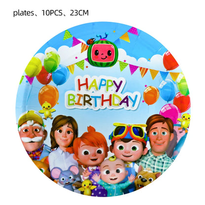 Cartoon JJ Melon Birthday Party Decorations Set – Disposable Tableware, Cups, Plates, Tablecloth, Balloons & Cake Topper for Kids & Baby Shower