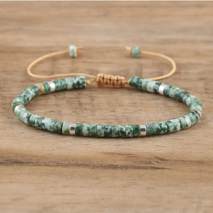 Natural Blue Emperor Stone Beaded Bracelet – Polished Block Beads, Adjustable Woven Rope Women’s Gift Jewelry