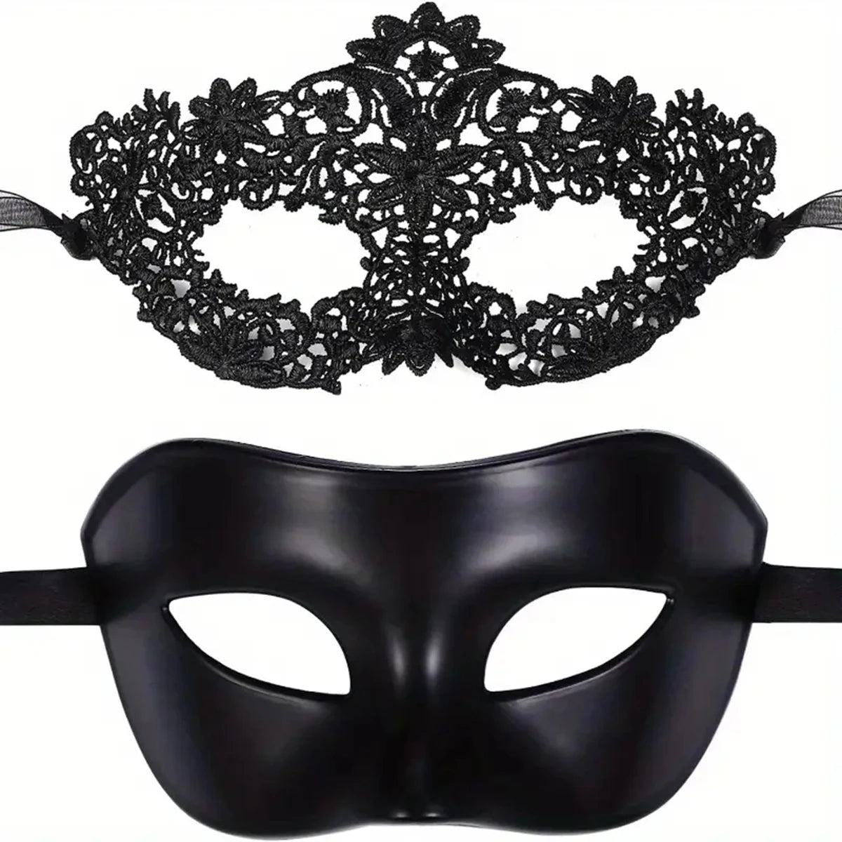 Black Lace Masquerade Mask Set - 2-Piece Elegant Venetian, Mardi Gras & Halloween Party Masks