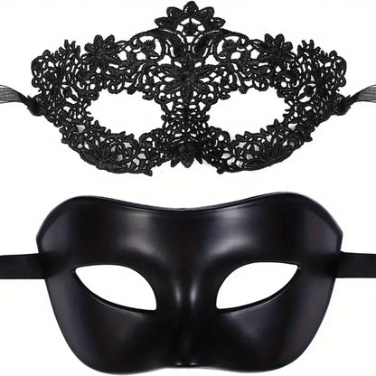 Black Lace Masquerade Mask Set - 2-Piece Elegant Venetian, Mardi Gras & Halloween Party Masks