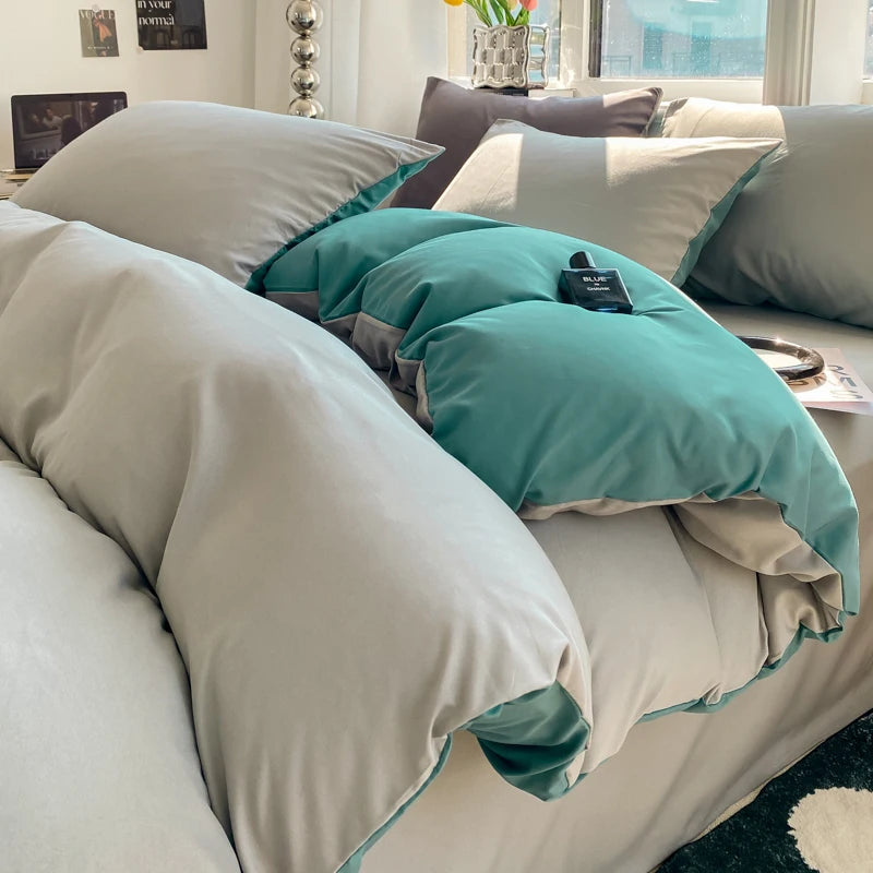 Washed Cotton Duvet Cover Set - Solid Color Soft Bedding Collection with Pillowcases Comforter Cover 220x240cm