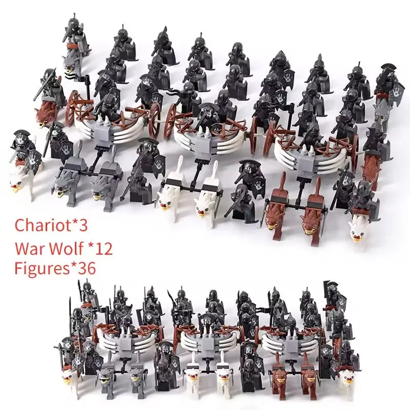 MOC Medieval LOTR Figures — Black Wolves & Mounted Chariots Action Dolls, Assembled Brick Building Blocks Toy