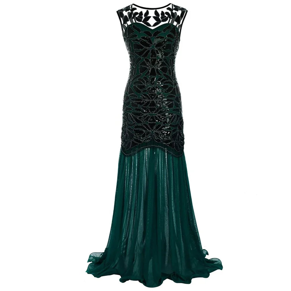 Women’s 1920s Great Gatsby Flapper Dress – Vintage V-Neck Sequin & Bead Long Mesh Maxi Party Prom Gown