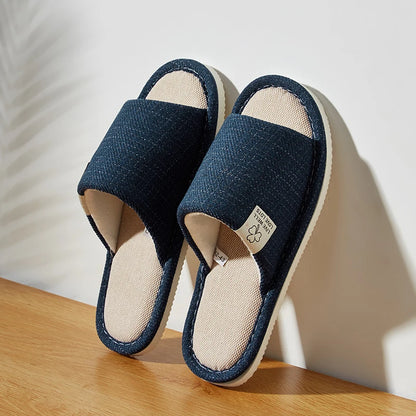 Home Linen Slippers for Men & Women – Breathable Open-Toe Comfort House Shoes for Spring, Autumn & Summer Bedroom Indoor Wear