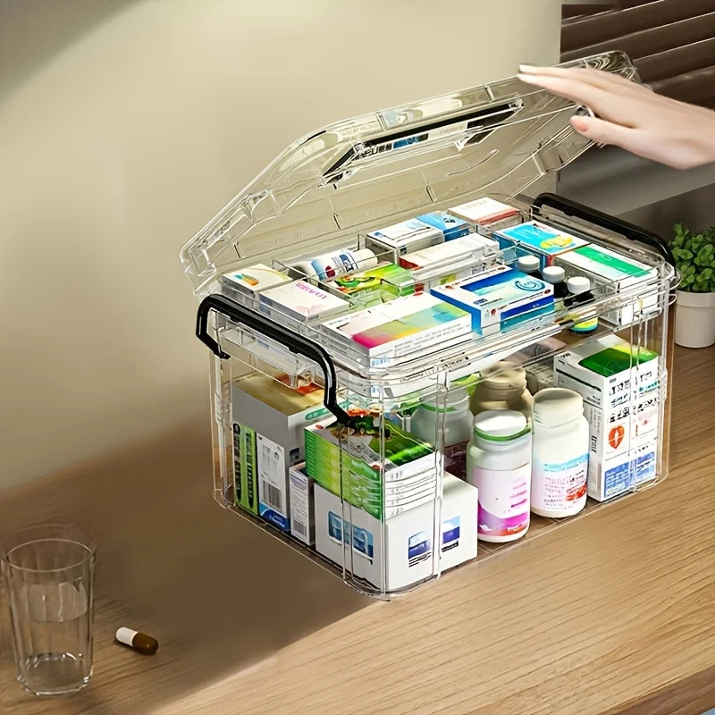 Large Capacity Double-Layer Medicine Organizer Box – Waterproof Transparent Storage for Home & Travel