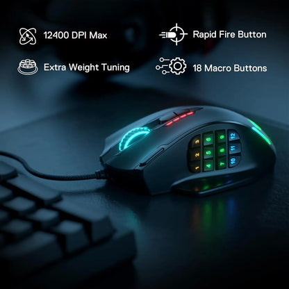 Redragon M908 RGB Backlit USB Wired Gaming Mouse – 18 Programmable Buttons, 12400 DPI