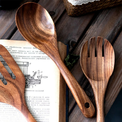 Wood Kitchenware Cooking Set – Spatula, Salad Spoon, Fork & Stirring Spoons with Storage Bucket for Kitchen & Baking