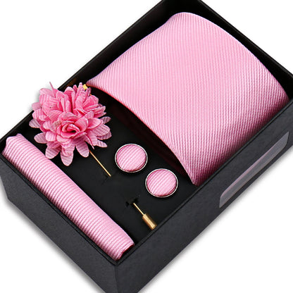 Men's Solid Color Tie Set - Jacquard Necktie, Hanky, Cufflinks & Brooch Gift Box for Weddings