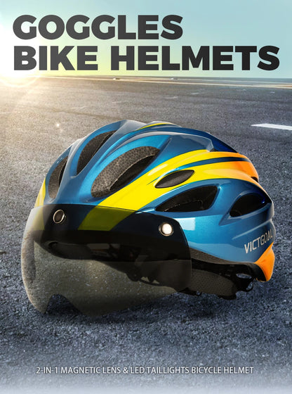 VICTGOAL Bicycle Helmet for Men - With Taillight, Magnetic Goggles, UV400 Lens & Sun Visor, MTB & Electric Scooter Bike Safety Helmet