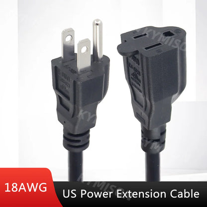 USA 3-Prong Extension Power Cord – NEMA 5-15P to 5-15R Plug Socket, 0.3m/0.5m/1m/2m Length Options