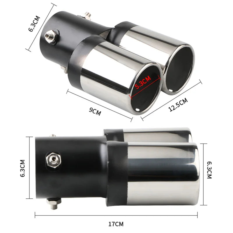 2.5" Chrome Tail Pipe Exhaust Trim, Stainless Steel Double Outlet Muffler for Car Styling - Curved Inlet Decoration