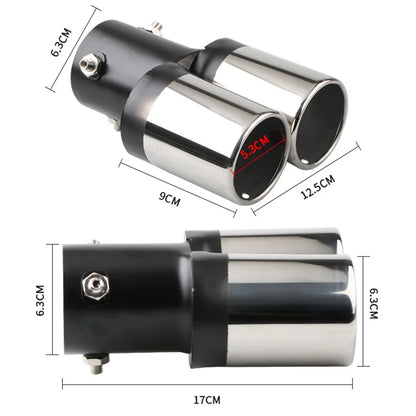 2.5" Chrome Tail Pipe Exhaust Trim, Stainless Steel Double Outlet Muffler for Car Styling - Curved Inlet Decoration