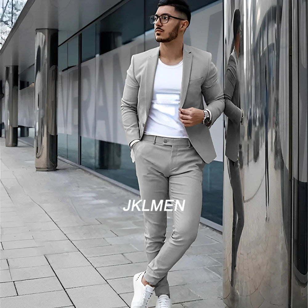 Gray Men’s 2 Piece Suit - Summer Casual Blazer & Pants Set for Wedding, Formal Events and Groom Style XS-5XL