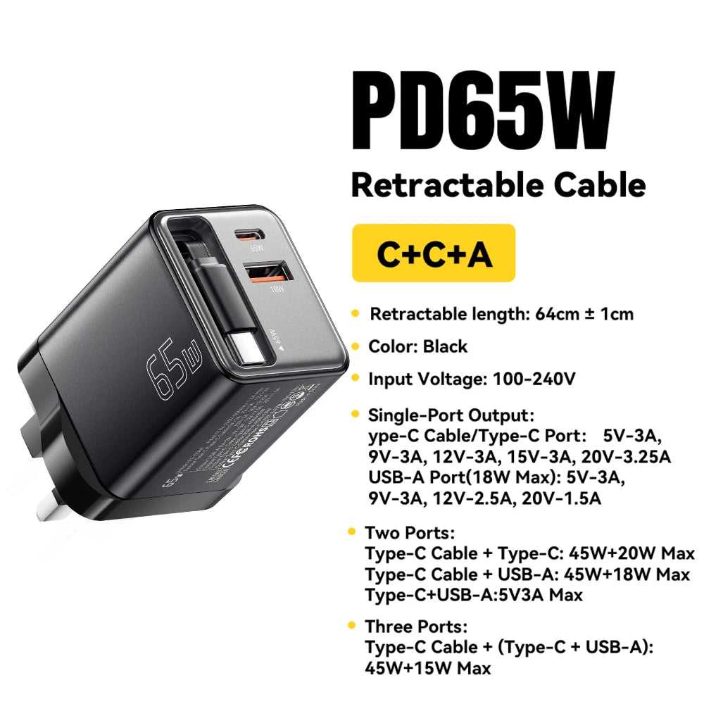 Essager 65W GaN Fast Charger – Retractable USB-C Cable PD Charging Adapter for Laptops, MacBook, iPhone 16/15/14, and Xiaomi Devices