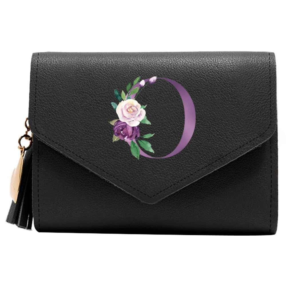 Women's RFID Leather Wallet - Compact Luxury Mini Purse With ID Window, Purple Letter Pattern & Card Holder Design