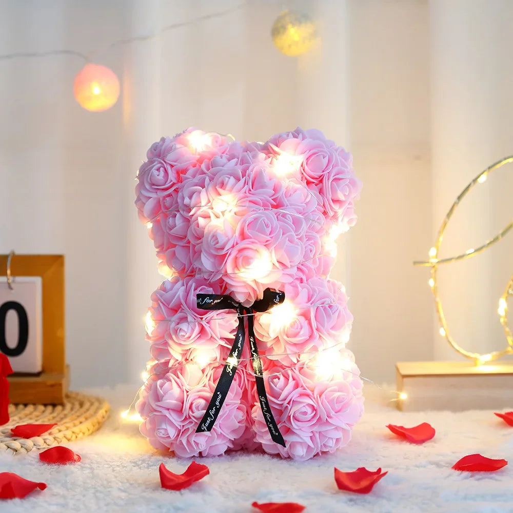 25cm Teddy Bear with Artificial Roses in Box – Romantic Valentine’s Day & Anniversary Gift for Women